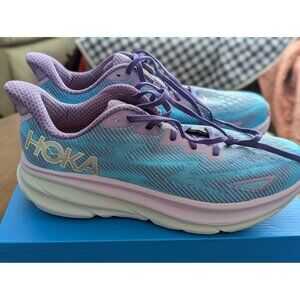 Hoka One One Clifton 9 Womens Running Shoes Size 11B Light Blue & Purple Mesh